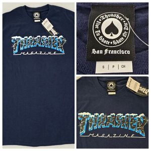 Thrasher Magazine Black Ice Logo Shirt Mens S Skate Skateboarding Graphic Navy